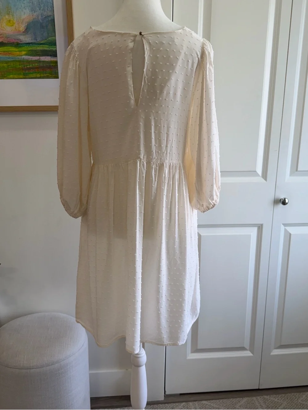 Monk & Lou Cream Swiss Dot Babydoll Dress V-Neck Balloon Sleeve Boho Ivory Small - Picture 3 of 8